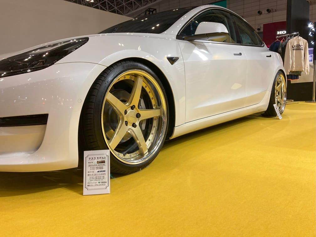 Tesla Model 3 fitted with MatraX tyres at Tokyo Auto Salon